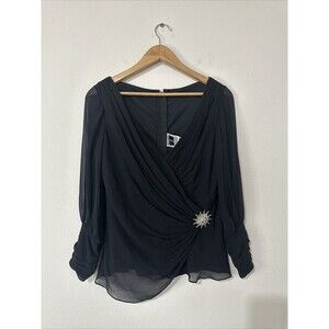 Vintage Tadashi Shoji Black Silk Blouse Romantic Size 12 Luxury Elegant Bling